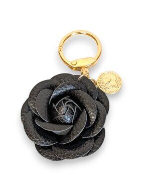 Gold And Black Floral Rosebud Keychain Bag Charm Handmade Accessory